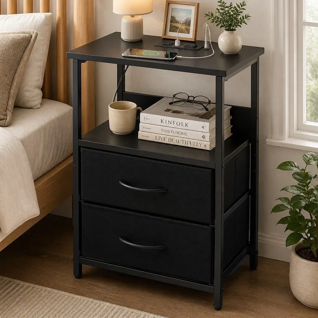Bedside Table LED Nightstand Black 2 Foldable Drawers Particle Board with Charging Station