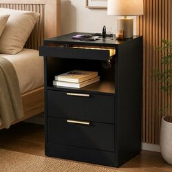Bedside Table Nightstand with Charging Station 2 Drawers LED Black