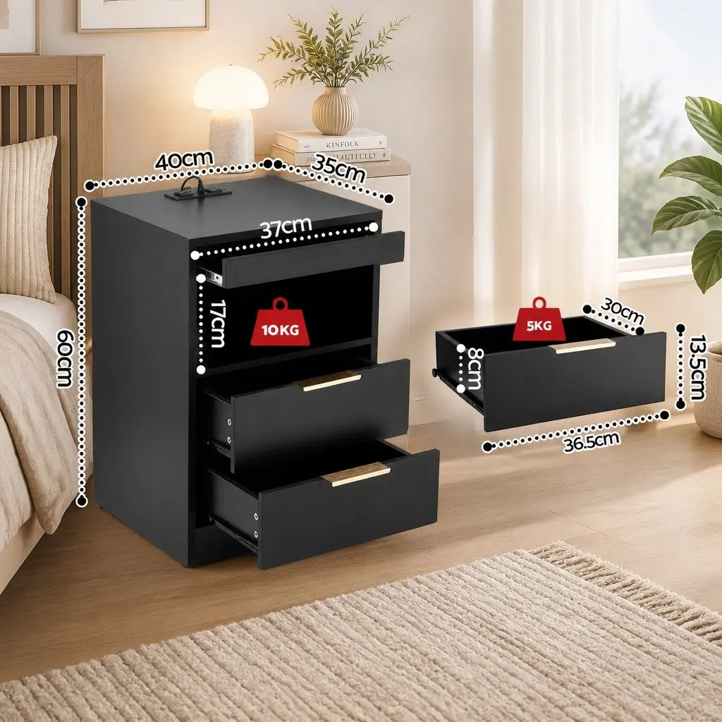 Bedside Table Nightstand with Charging Station LED Black 2 Drawers Particle Board