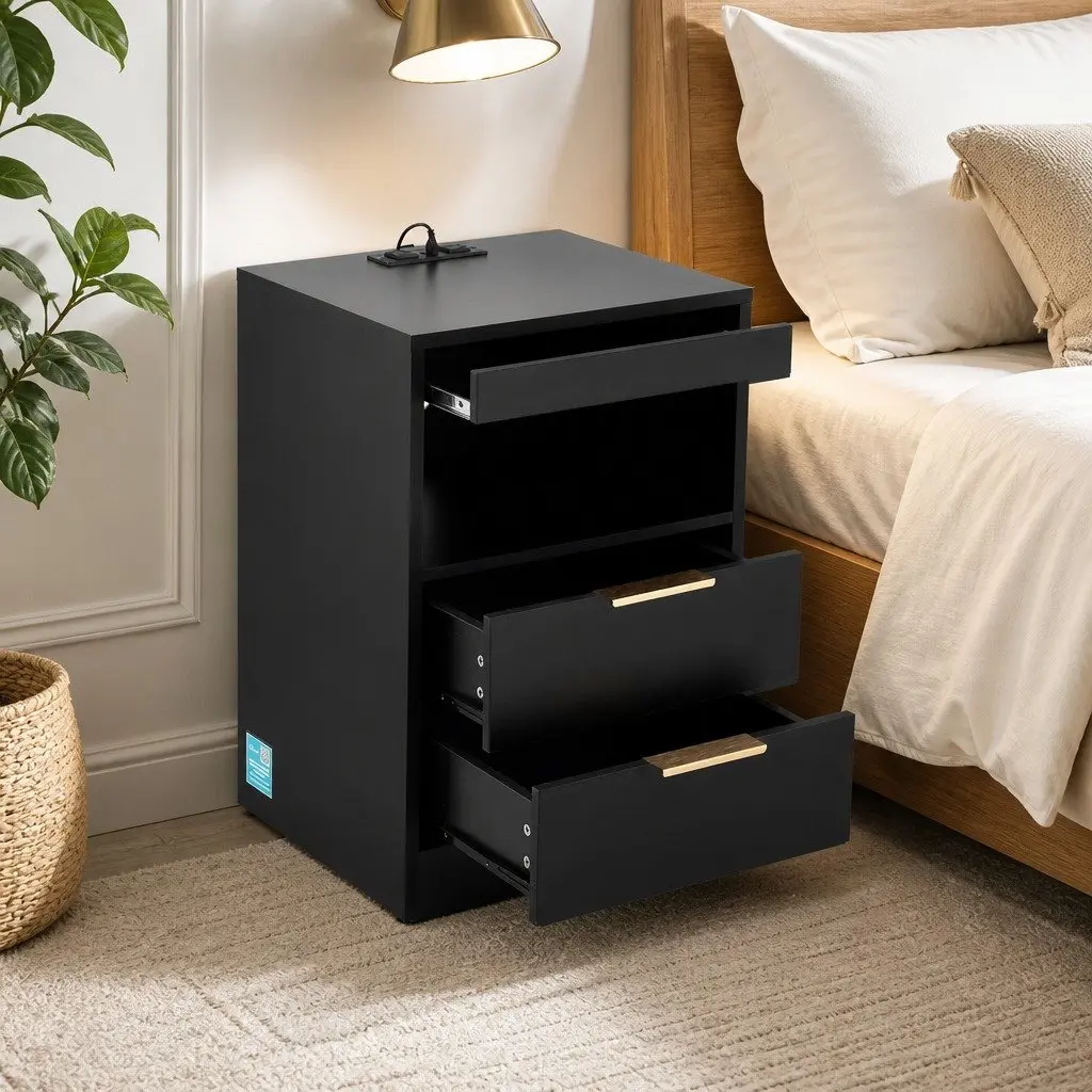 Bedside Table Nightstand with Charging Station LED Black 2 Drawers Particle Board