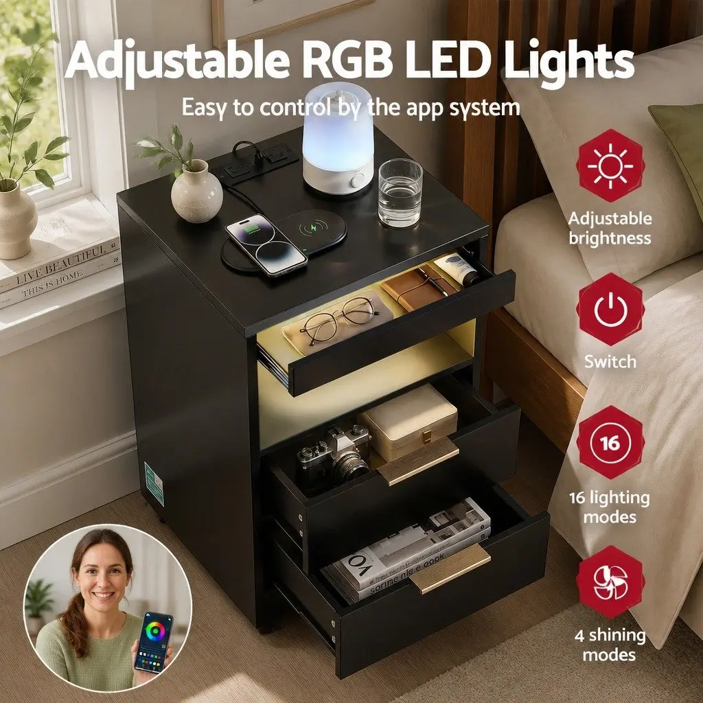 Bedside Table Nightstand with Charging Station LED Black 2 Drawers Particle Board