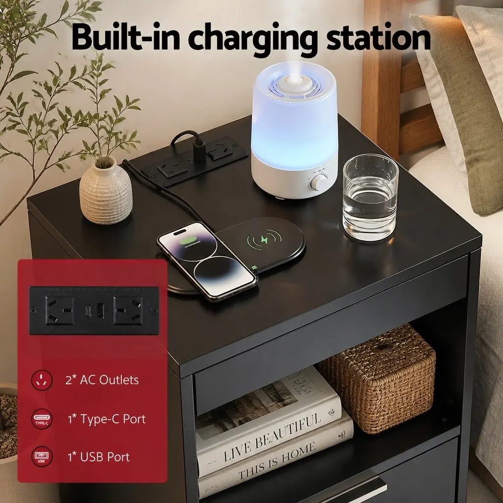 Bedside Table Nightstand with Charging Station LED Black 2 Drawers Particle Board