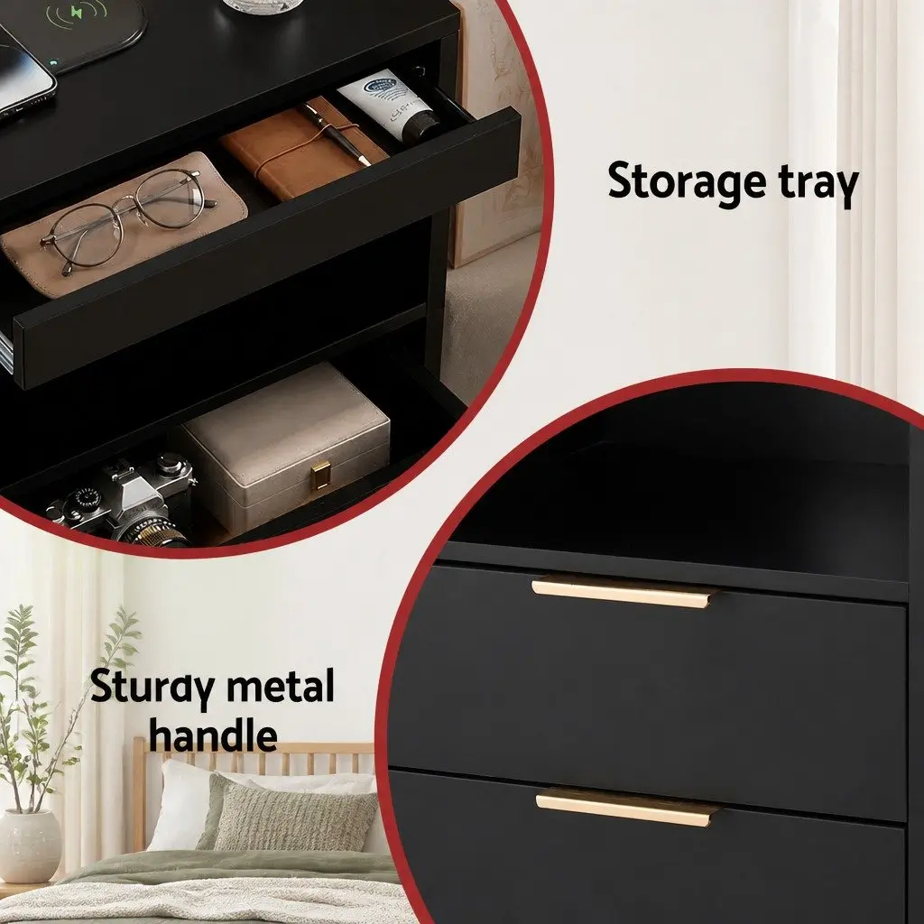 Bedside Table Nightstand with Charging Station LED Black 2 Drawers Particle Board