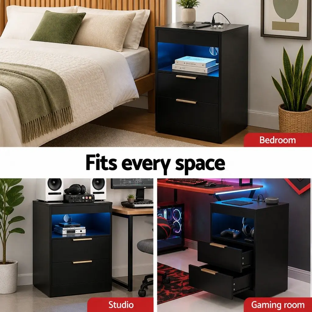 Bedside Table Nightstand with Charging Station LED Black 2 Drawers Particle Board
