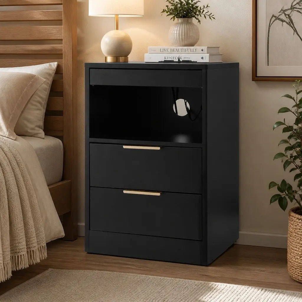 Bedside Table Nightstand with Charging Station LED Black 2 Drawers Particle Board