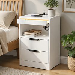 Bedside Table LED Nightstand Charging Station 2 Drawers White Bedroom Furniture