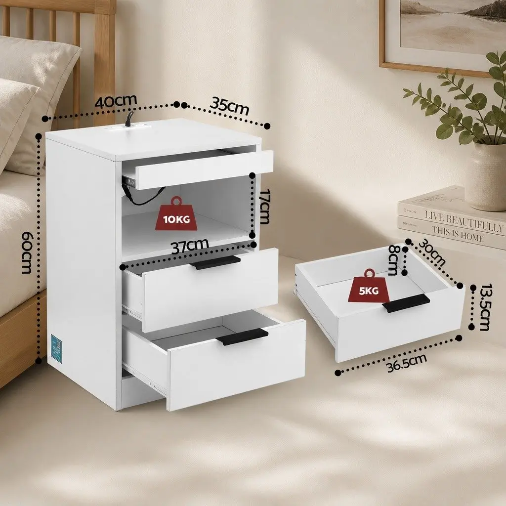 Bedside Table LED Nightstand Charging Station 2 Drawers White Particle Board