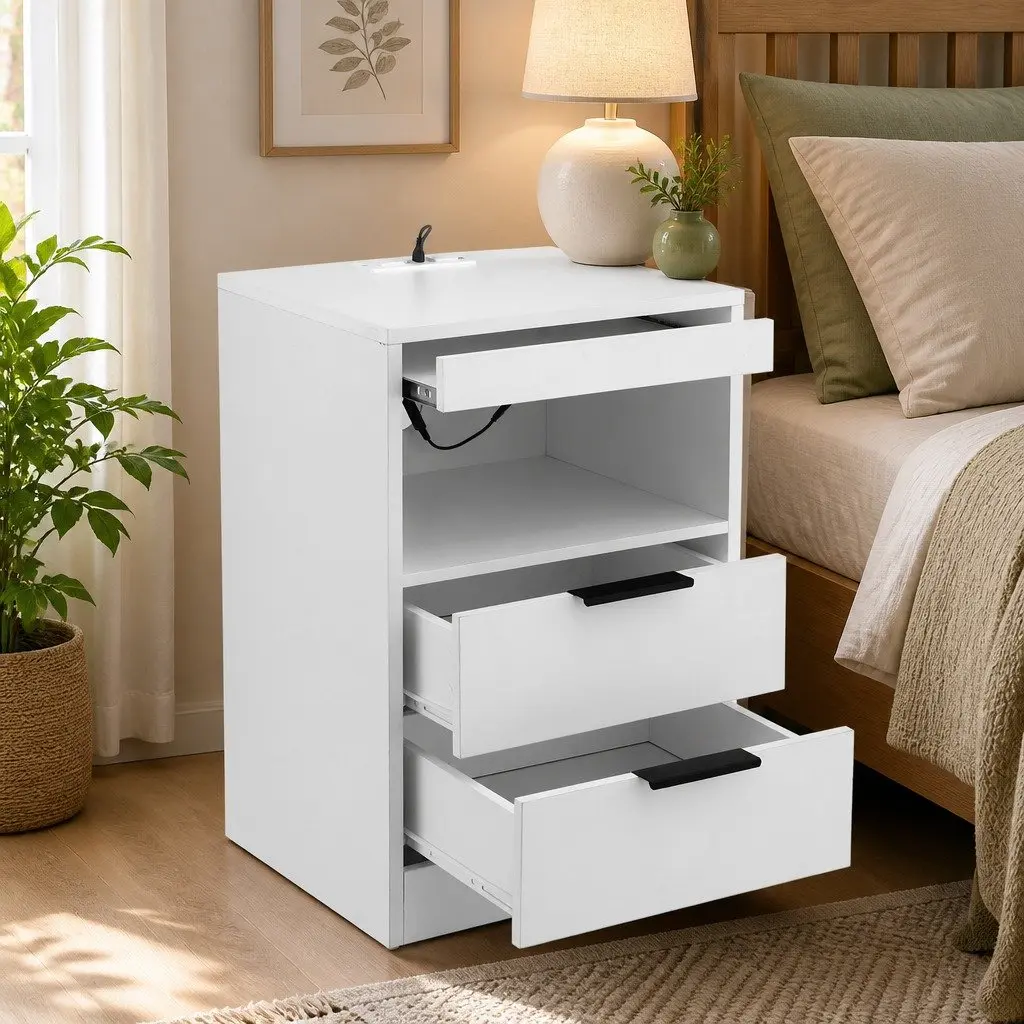 Bedside Table LED Nightstand Charging Station 2 Drawers White Particle Board