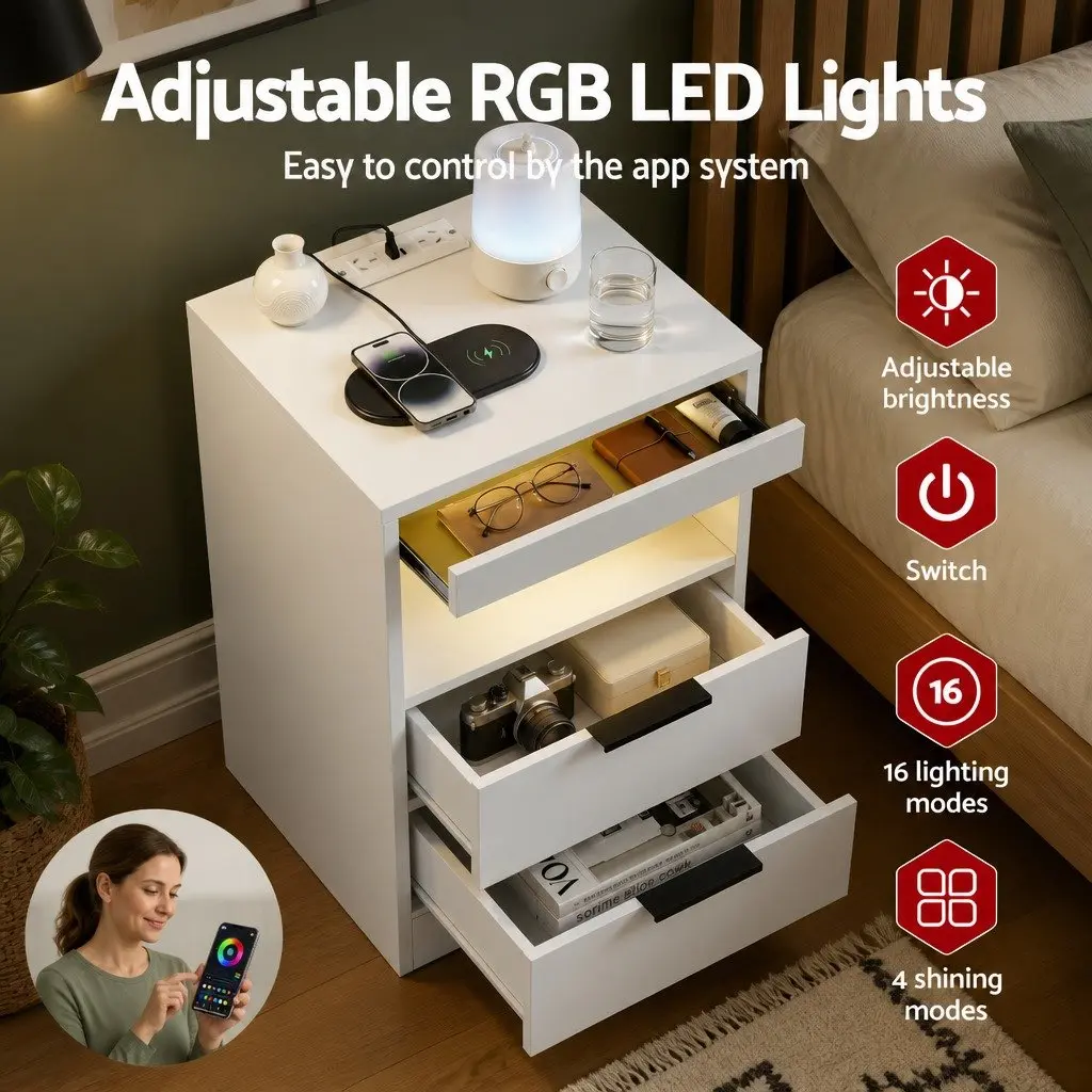 Bedside Table LED Nightstand Charging Station 2 Drawers White Particle Board