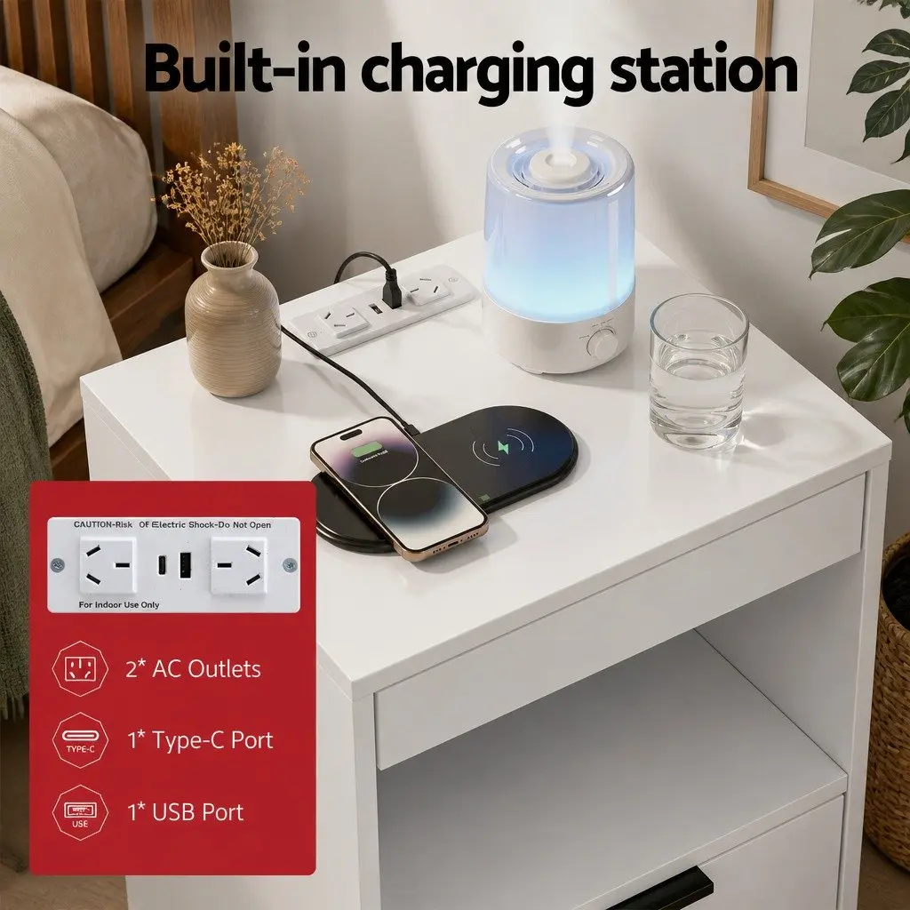 Bedside Table LED Nightstand Charging Station 2 Drawers White Particle Board