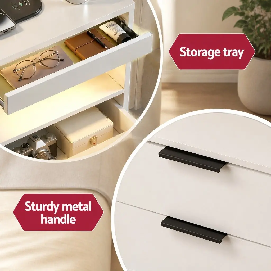 Bedside Table LED Nightstand Charging Station 2 Drawers White Particle Board