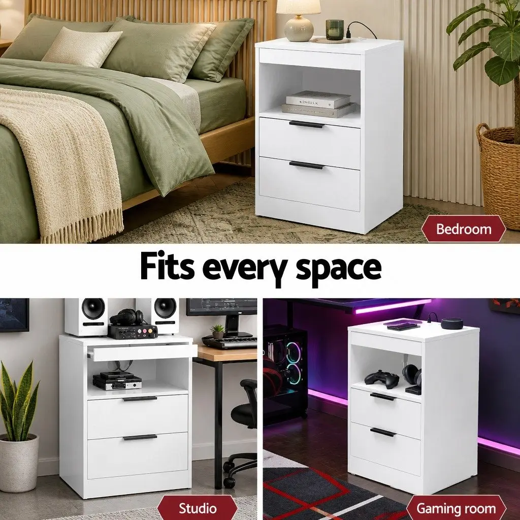 Bedside Table LED Nightstand Charging Station 2 Drawers White Particle Board