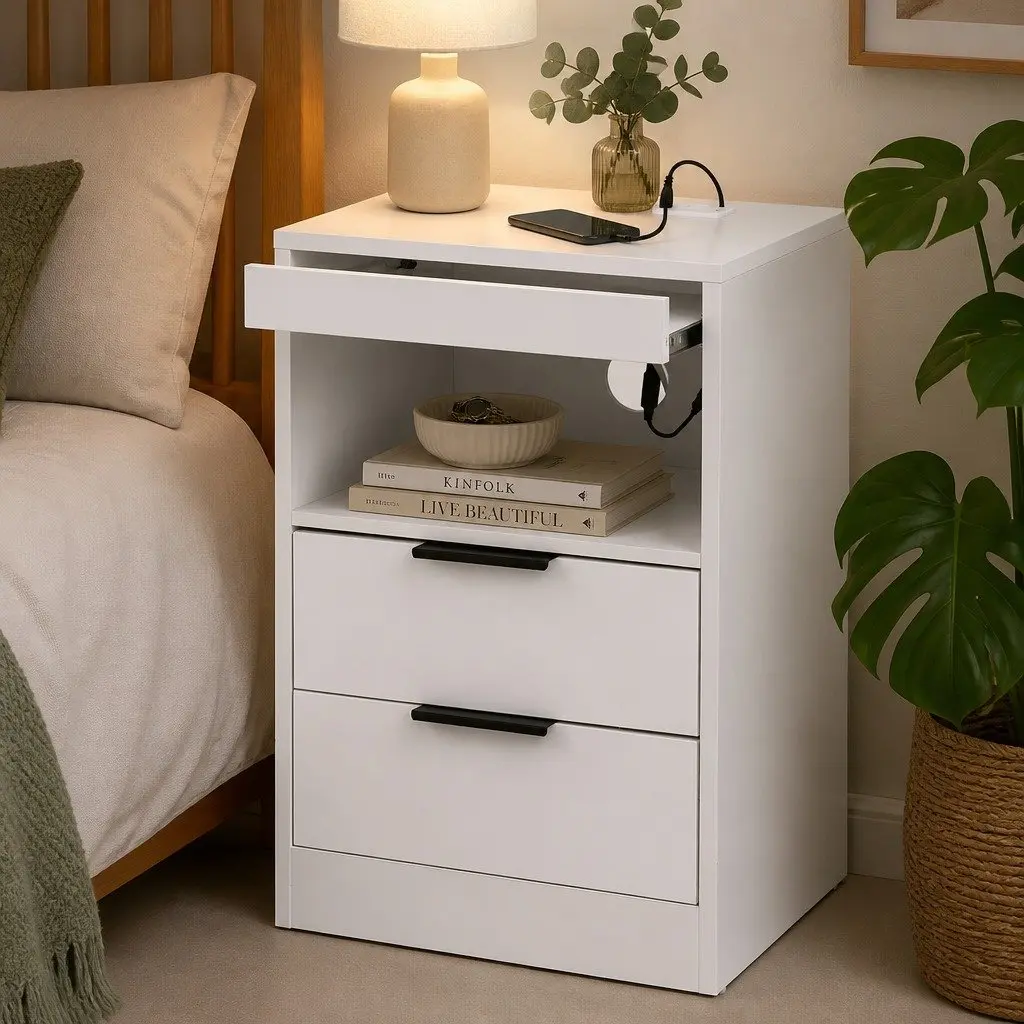 Bedside Table LED Nightstand Charging Station 2 Drawers White Particle Board