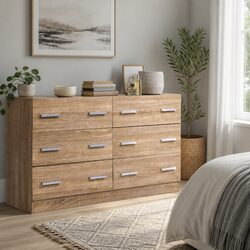 Stylish 6 Drawer Pine Wood Lowboy Chest for Bedrooms