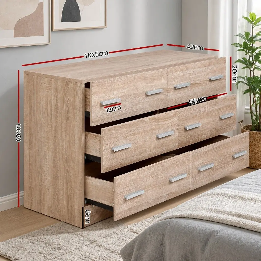 6 Drawer Pine Wood Lowboy Chest for Bedrooms