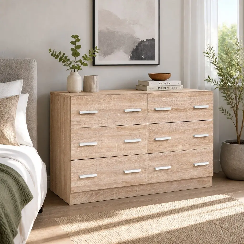 6 Drawer Pine Wood Lowboy Chest for Bedrooms