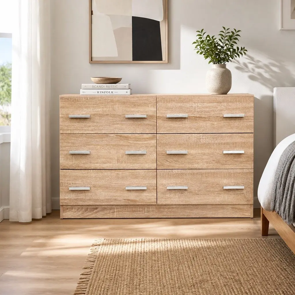 6 Drawer Pine Wood Lowboy Chest for Bedrooms