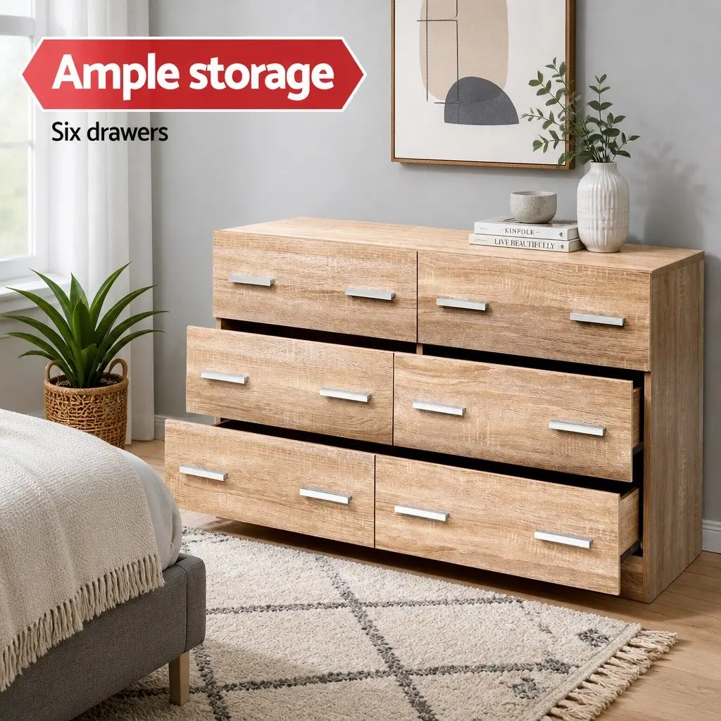 6 Drawer Pine Wood Lowboy Chest for Bedrooms