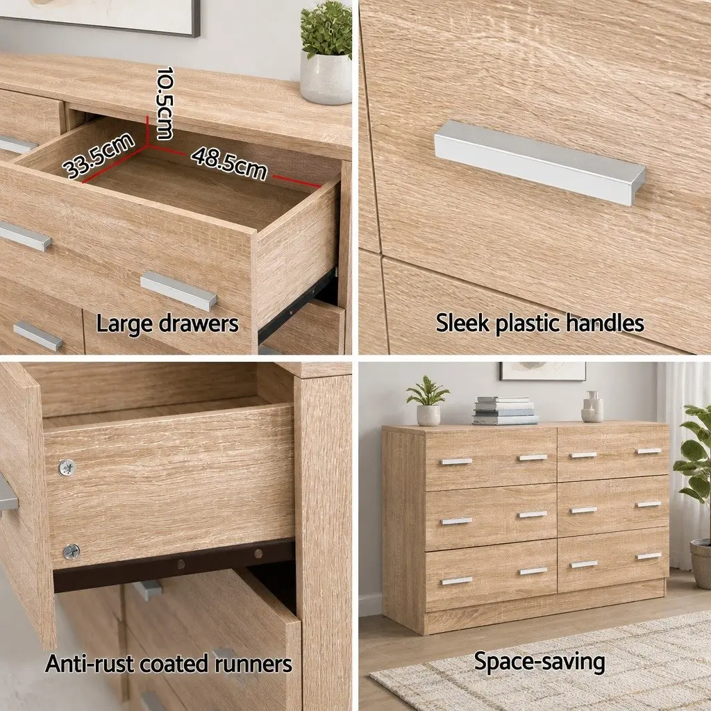 6 Drawer Pine Wood Lowboy Chest for Bedrooms