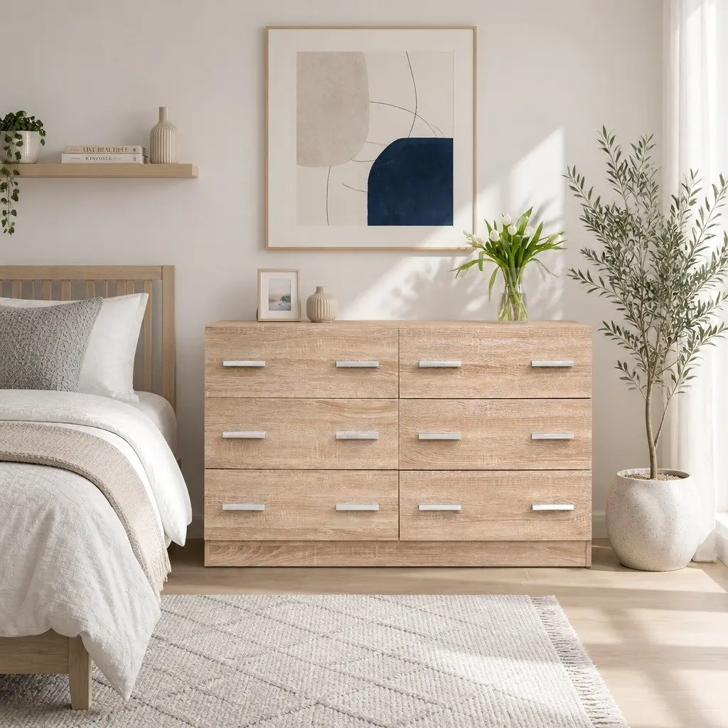6 Drawer Pine Wood Lowboy Chest for Bedrooms