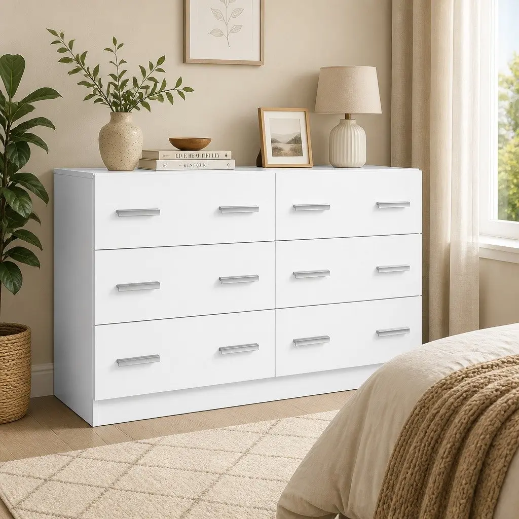 6 Drawer Chest of Drawers White Bedroom Storage Cabinet Lowboy Dresser Furniture