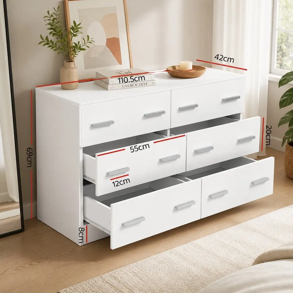 6 Drawer Chest of Drawers White Bedroom Storage Cabinet Lowboy Dresser Furniture