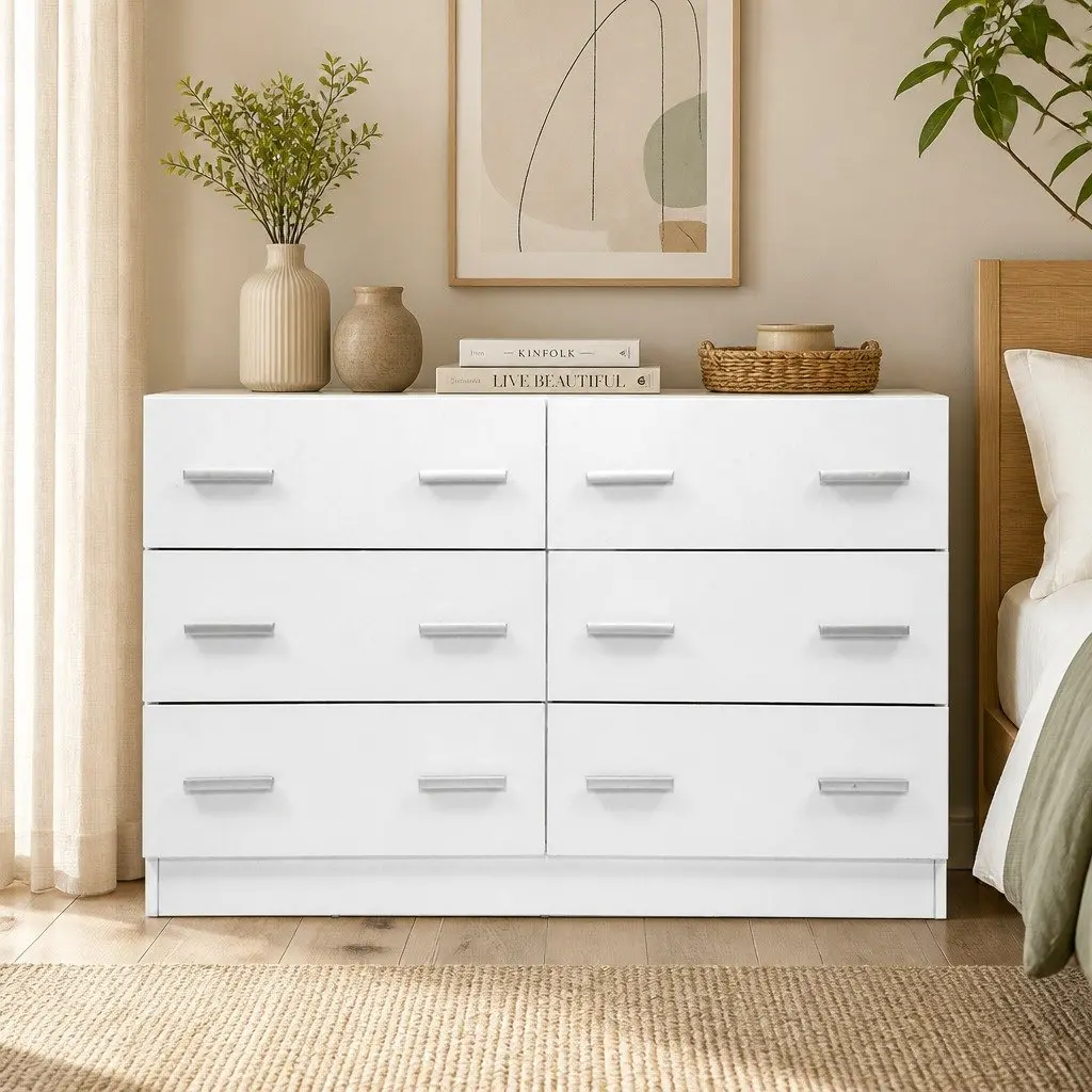 6 Drawer Chest of Drawers White Bedroom Storage Cabinet Lowboy Dresser Furniture