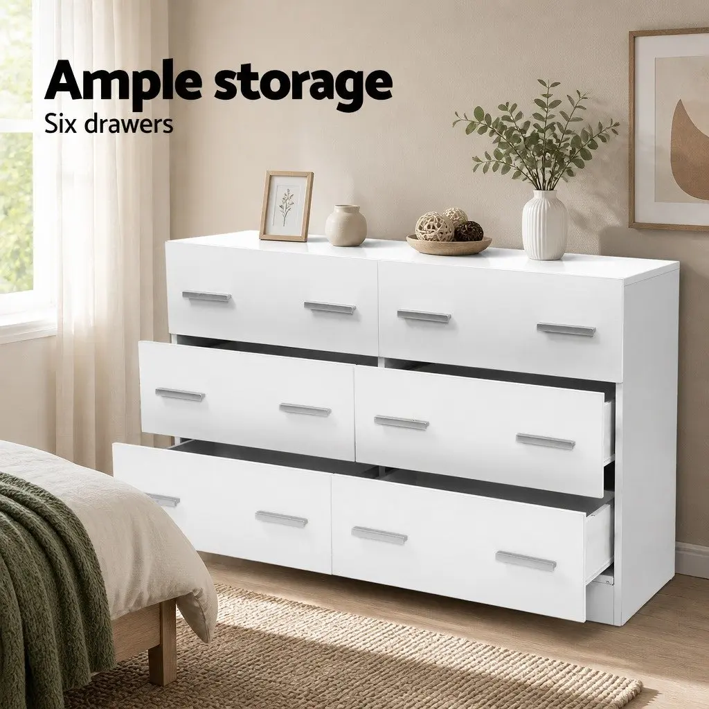 6 Drawer Chest of Drawers White Bedroom Storage Cabinet Lowboy Dresser Furniture