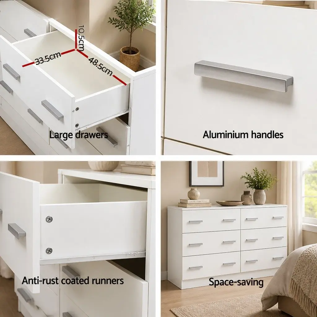 6 Drawer Chest of Drawers White Bedroom Storage Cabinet Lowboy Dresser Furniture
