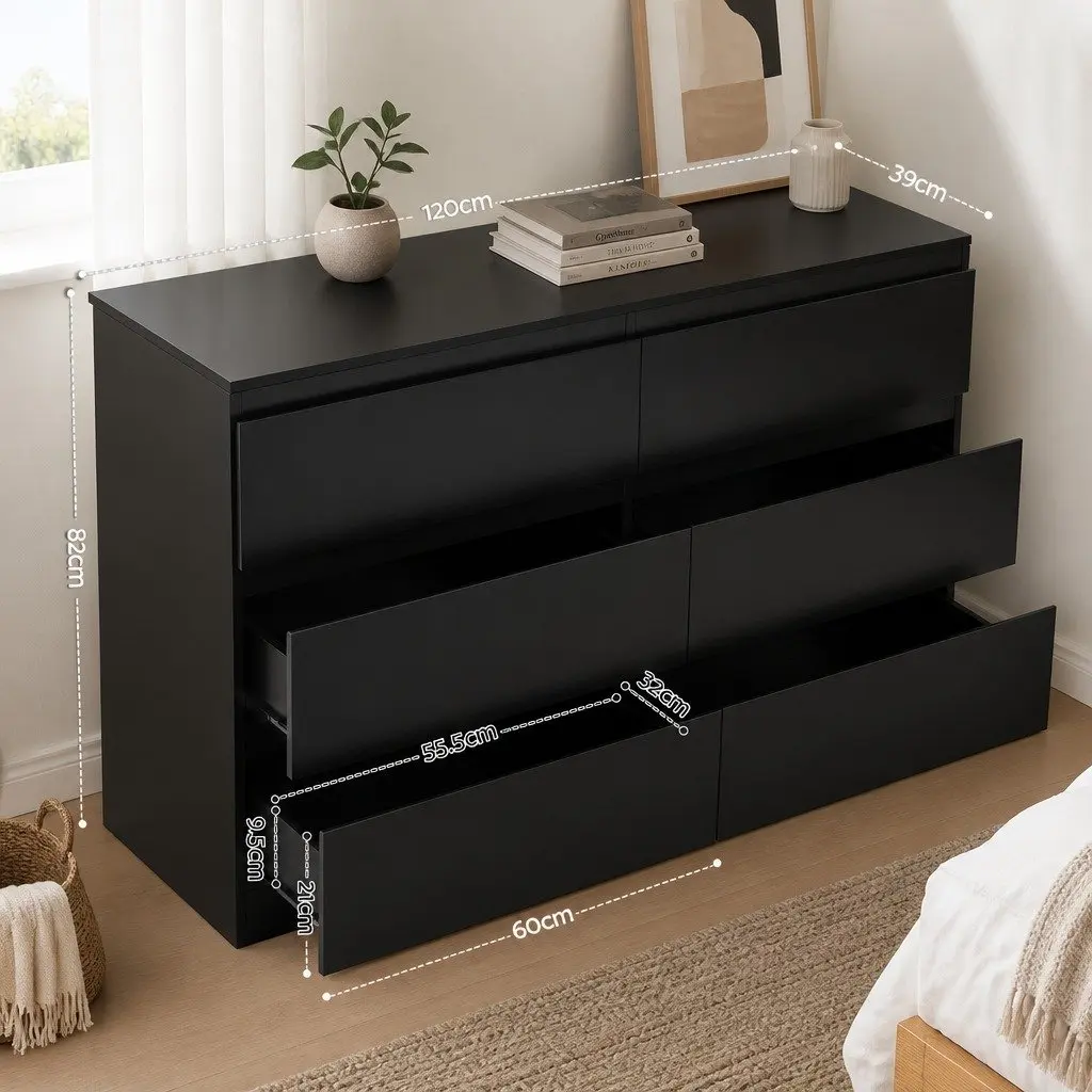 6 Drawer Chest of Drawers Black Bedroom Lowboy Storage Grooved Handle Design