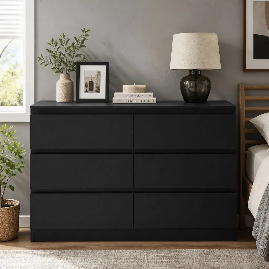 6 Drawer Chest of Drawers Black Bedroom Lowboy Storage Grooved Handle Design