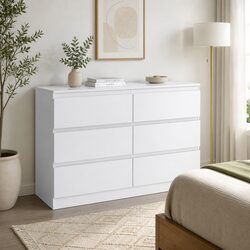 6 Drawer Chest of Drawers White Bedroom Storage Dresser Lowboy Organiser Unit