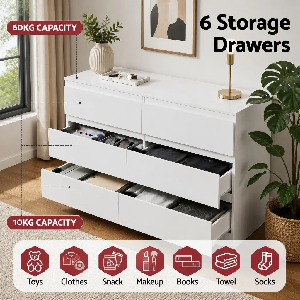 6 Drawer Chest of Drawers White Bedroom Storage Dresser Lowboy Organiser Unit
