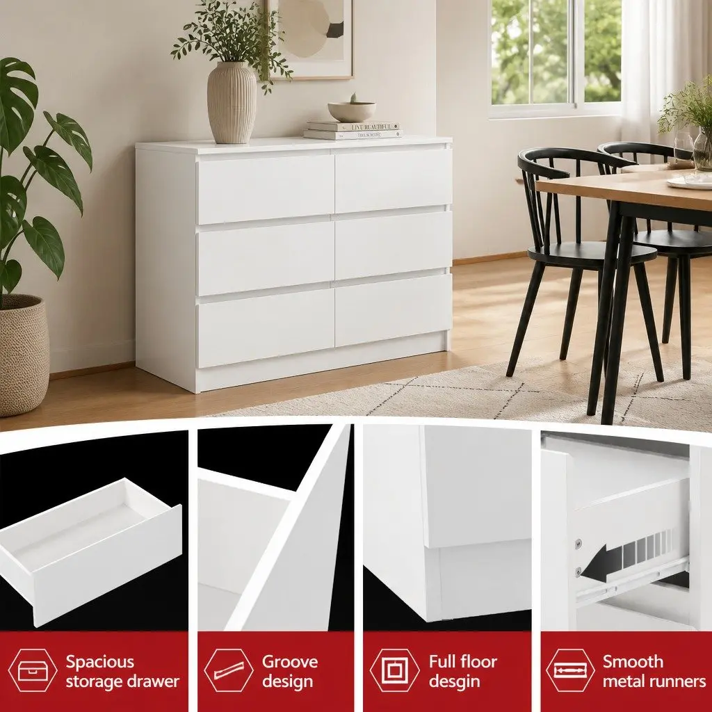 6 Drawer Chest of Drawers White Bedroom Storage Dresser Lowboy Organiser Unit