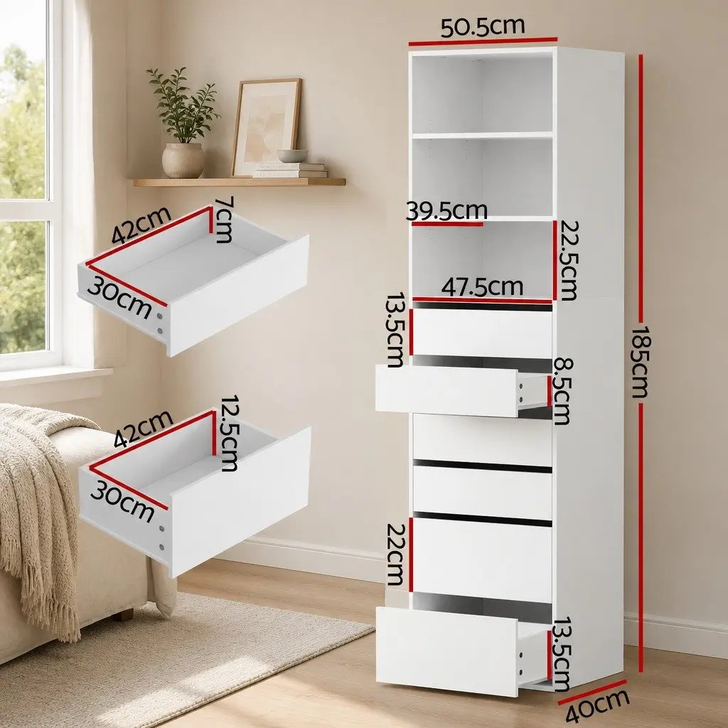 6 Drawer Tallboy Chest for Bedroom Storage in White