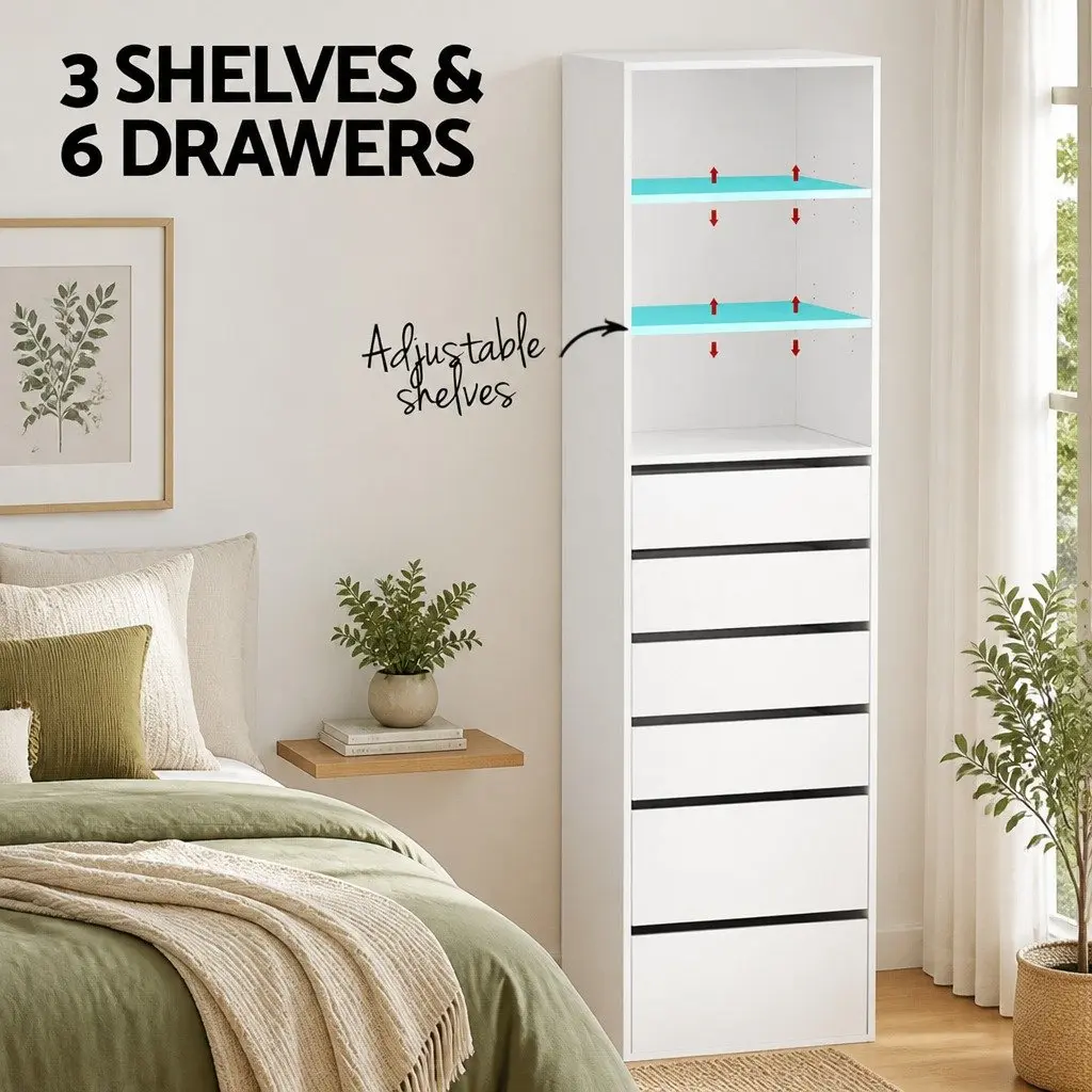 6 Drawer Tallboy Chest for Bedroom Storage in White