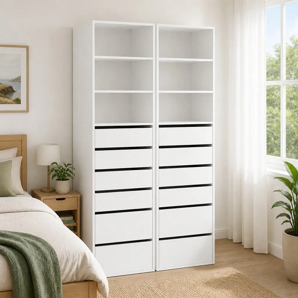 Chest of Drawers Tallboy Cabinet 6 Drawer Storage White Particle Board Bedroom Furniture Set