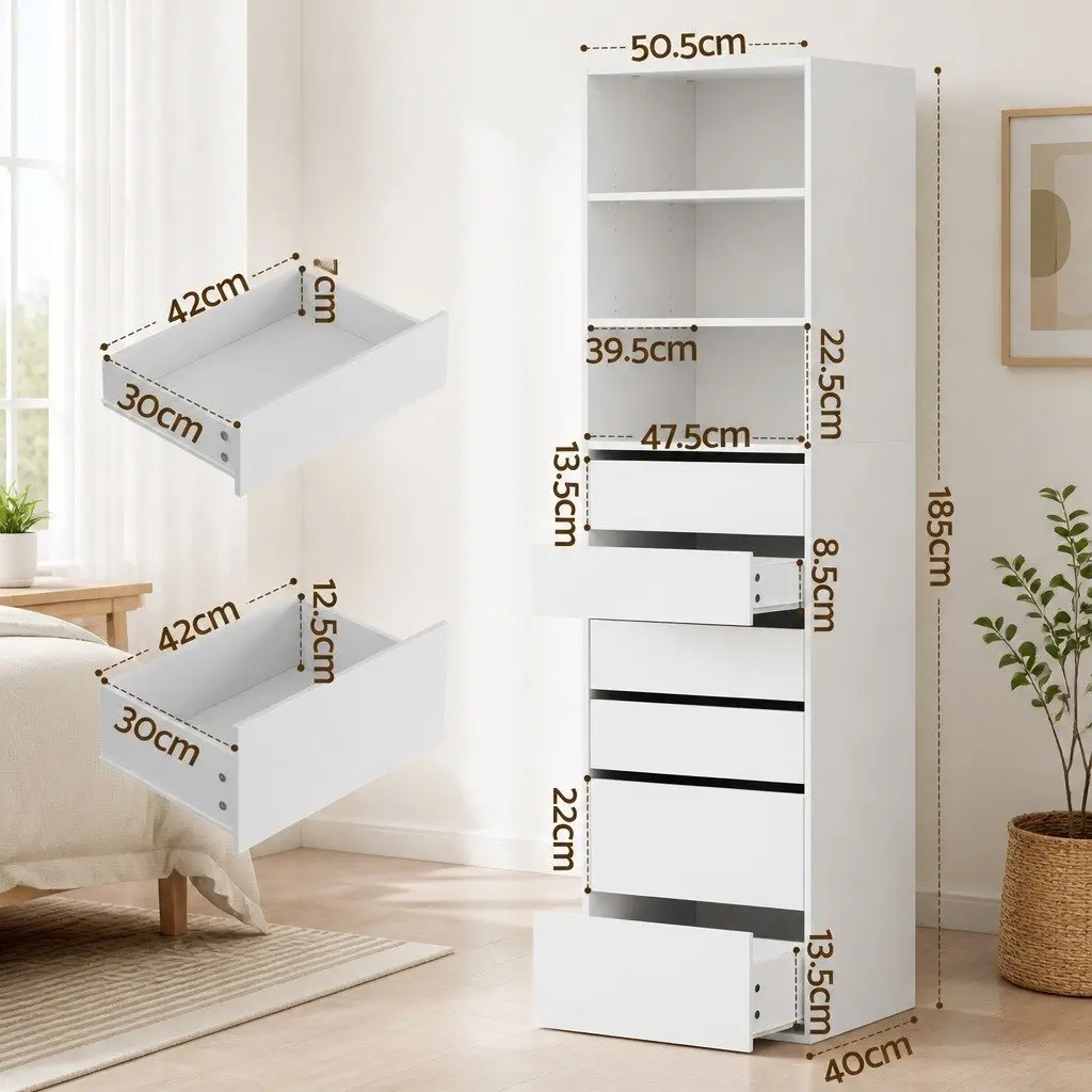 Chest of Drawers Tallboy Cabinet 6 Drawer Storage White Particle Board Bedroom Furniture Set