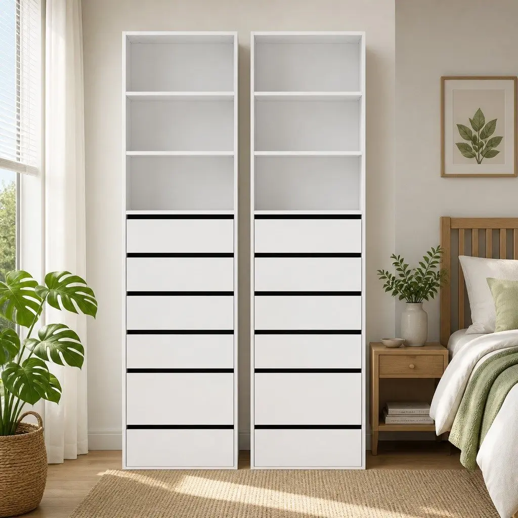 Chest of Drawers Tallboy Cabinet 6 Drawer Storage White Particle Board Bedroom Furniture Set