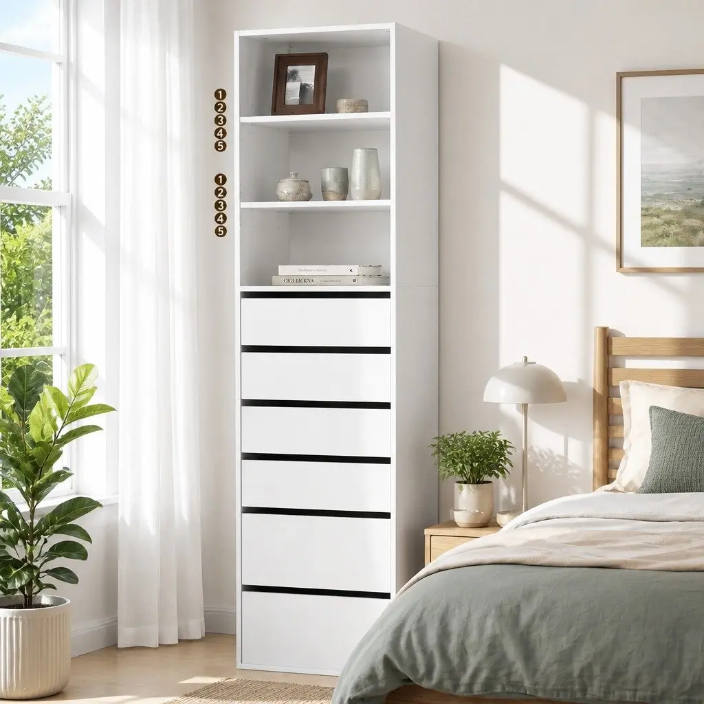 Chest of Drawers Tallboy Cabinet 6 Drawer Storage White Particle Board Bedroom Furniture Set