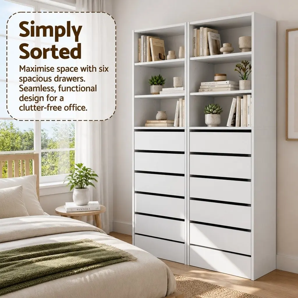 Chest of Drawers Tallboy Cabinet 6 Drawer Storage White Particle Board Bedroom Furniture Set