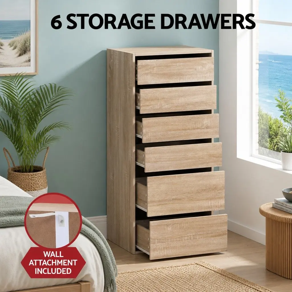 Pine 6-Drawer Chest of Drawers for Bedroom Storage