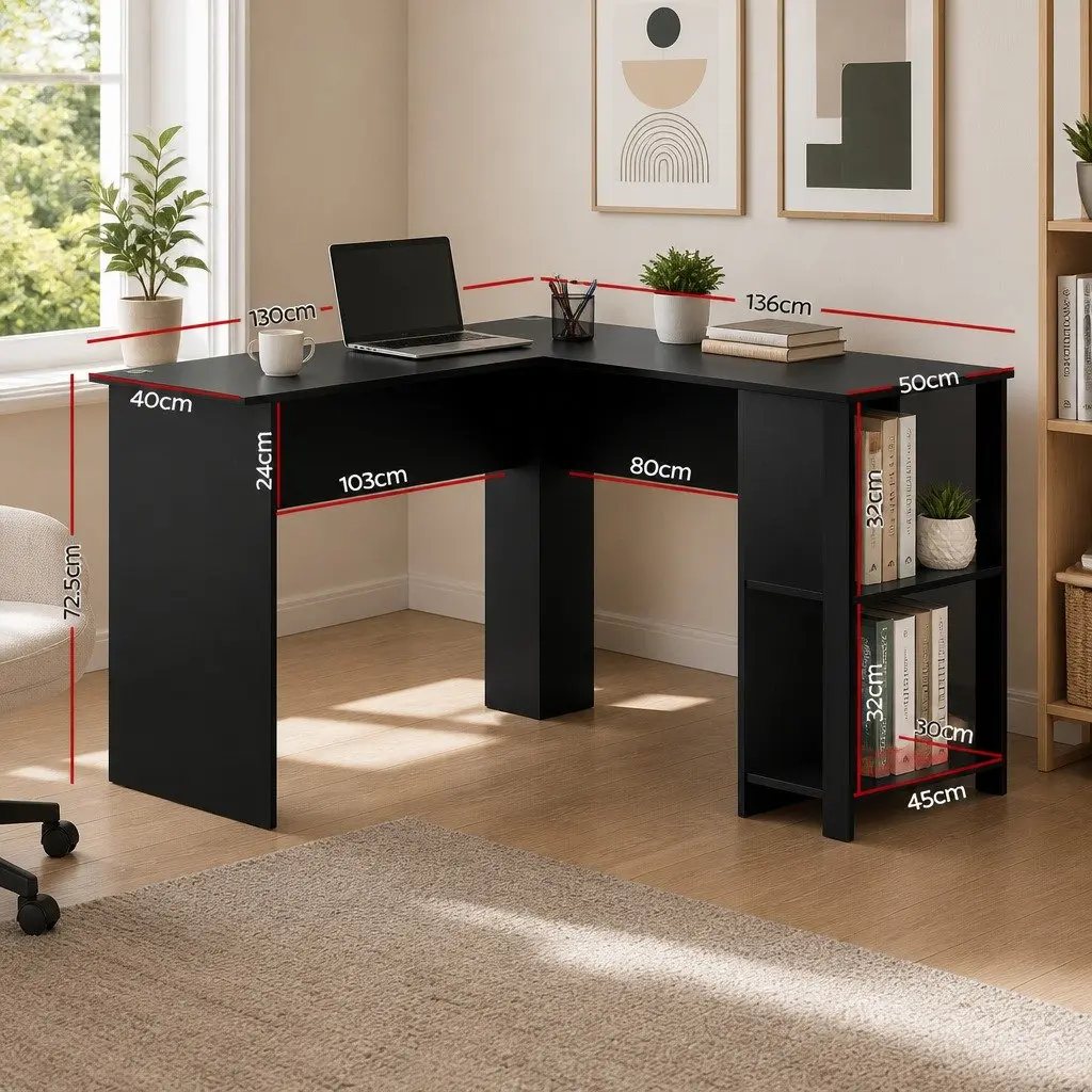 L-Shape Computer Desk with Open Shelves and Cable Management Black Home Office