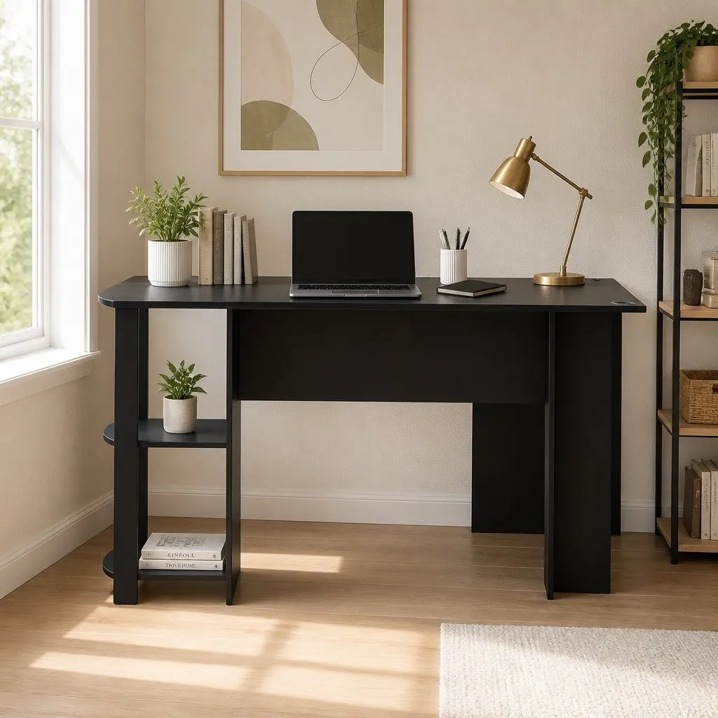 L-Shape Computer Desk with Open Shelves and Cable Management Black Home Office