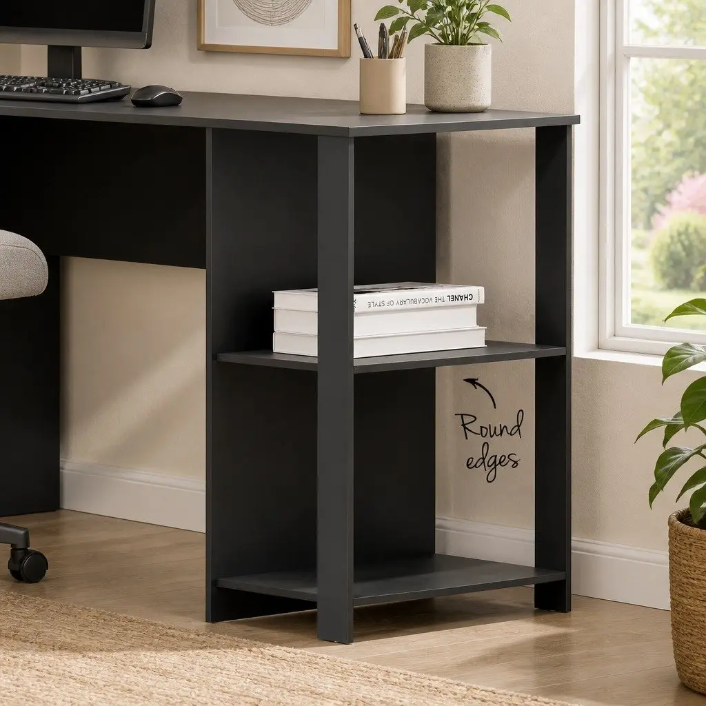 L-Shape Computer Desk with Open Shelves and Cable Management Black Home Office