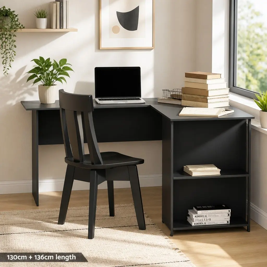L-Shape Computer Desk with Open Shelves and Cable Management Black Home Office