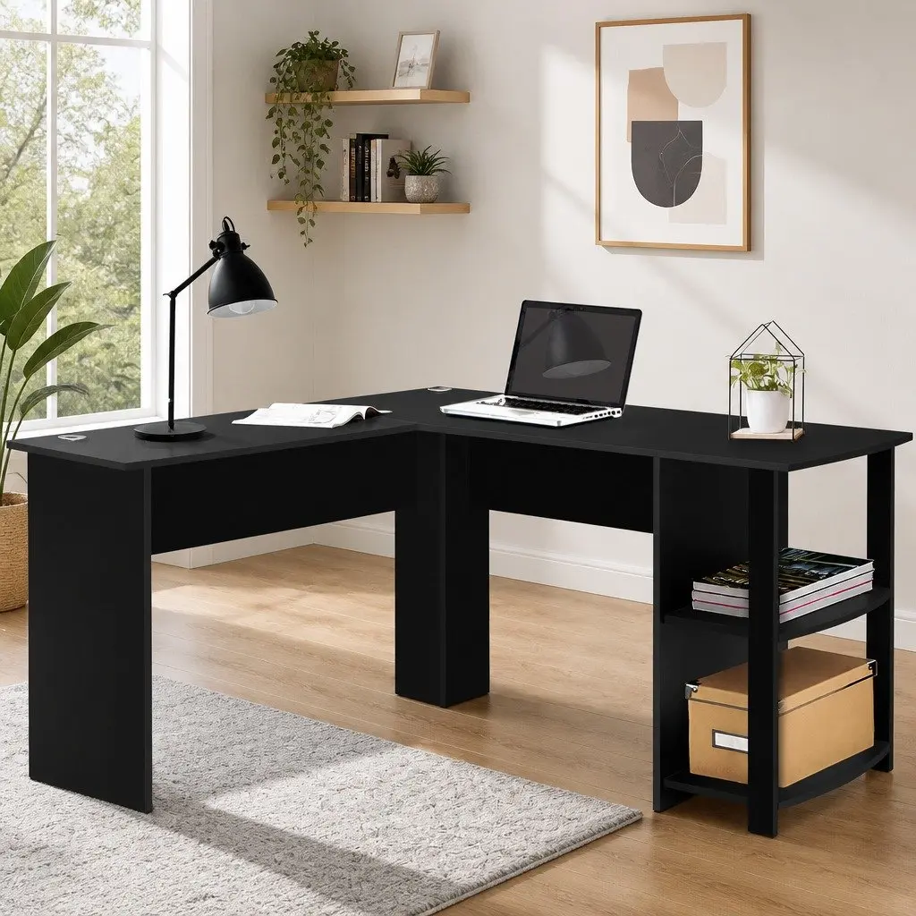 L-Shape Computer Desk with Open Shelves and Cable Management Black Home Office