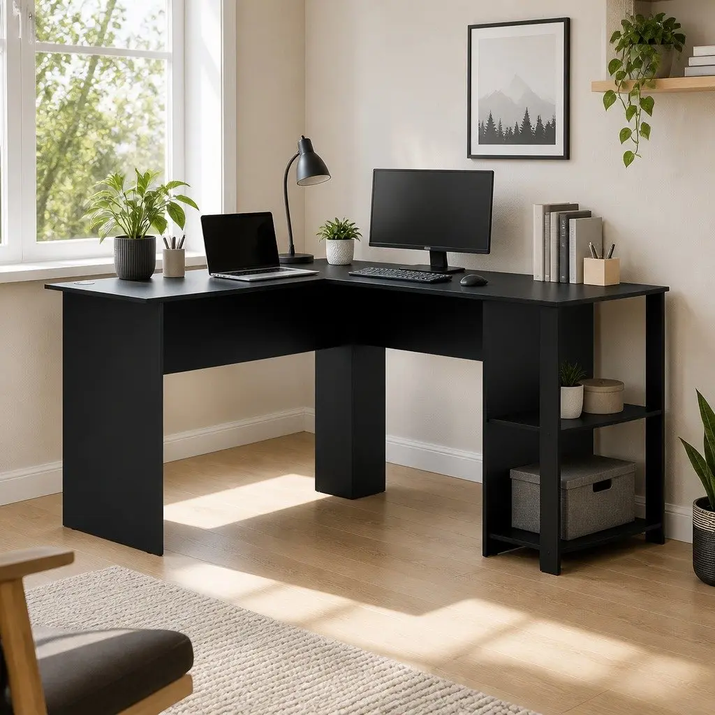 L-Shape Computer Desk with Open Shelves and Cable Management Black Home Office