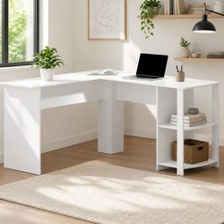 L-Shaped White Computer Desk with Open Shelves