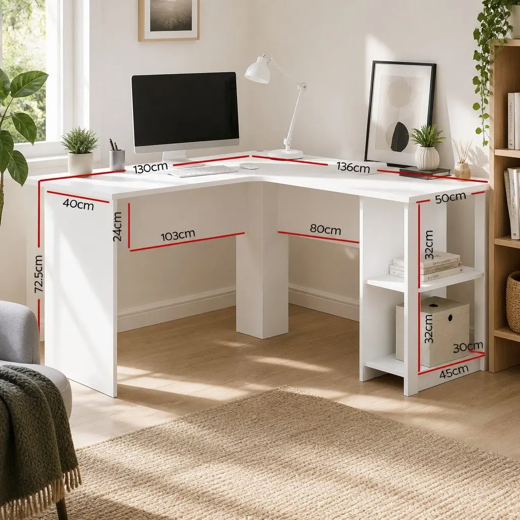 L-Shaped White Computer Desk with Open Shelves